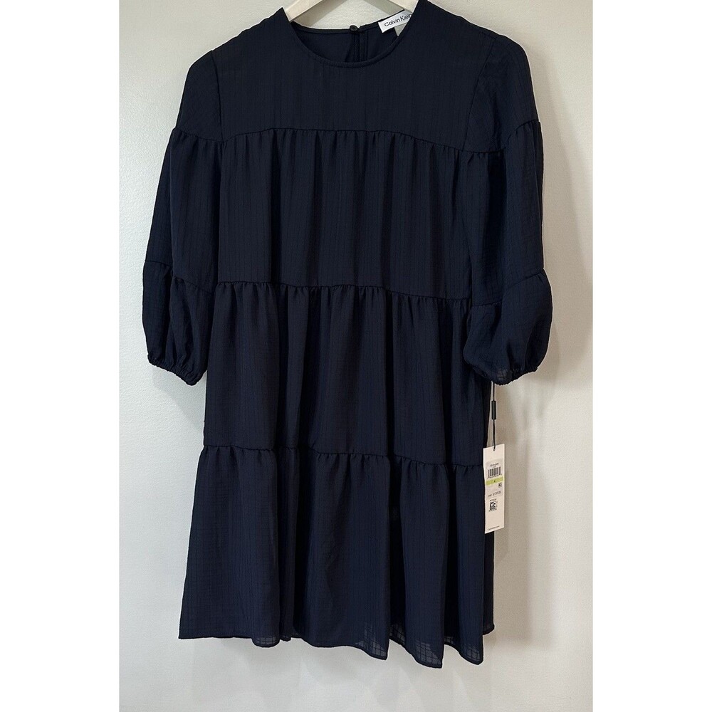 Calvin Klein Textured Tiered Knee Length Dress 3/4 Balloon Sleeves,Sz 4 Navy*NWT